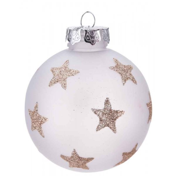 Χριστουγεννιάτικη Μπάλα Λευκή, με Χρυσά Αστέρια (8cm)